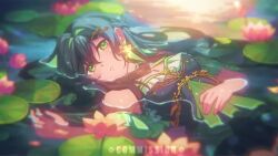 1girl animated blinking commission earrings flower gaida green_eyes jewelry lotus lying original partially_submerged solo sound tagme video water