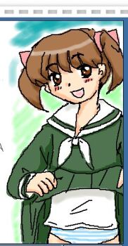 1girl blush brown_eyes brown_hair clothes_lift dress dress_lift fukuzawa_yumi green_dress hair_ribbon long_sleeves looking_at_viewer maria-sama_ga_miteru neckerchief open_mouth panties pink_ribbon ribbon school_uniform short_hair smile standing striped_clothes striped_panties su_(pixiv_263717) twintails undershirt underwear white_neckerchief white_panties white_undershirt