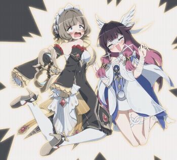 2girls animated animated_gif ass bare_shoulders barefoot black_hair blue_eyes breasts brown_hair closed_eyes columbina_(genshin_impact) dress electrocution epilepsy_warning feather_hair from_behind genshin_impact gloves headdress key large_breasts long_hair multicolored_hair multiple_girls nude open_mouth pantyhose purple_hair sandrone_(genshin_impact) shoes short_hair_with_long_locks sideboob skeleton smile tears two-tone_hair very_long_hair winding_key x-ray