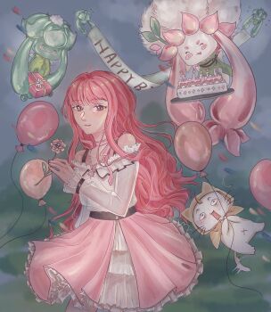 Rule 34 | 1girl, ^^^, ^ ^, ahoge, animal, assisted carrying, banner, bare shoulders, bead necklace, beads, belt, birthday, birthday cake, black belt, blush stickers, bow, bow choker, bowtie, bra strap, brown eyes, cake, candle, carrying, cat, choker, cloak, closed eyes, clothed animal, cloud, cloudy sky, colored eyelashes, commentary, cowboy shot, day, ear covers, english commentary, fingernails, fire, flower, flying sweatdrops, food, frilled shirt, frilled skirt, frilled sleeves, frills, gift, grass, hair undone, hexagram, highres, holding, holding banner, holding flower, holding gift, holding plate, hood, hood up, hooded cloak, infinity nikki, jewelry, krazzy, layered skirt, light blush, long hair, long sidelocks, long sleeves, looking at viewer, miniskirt, momo (nikki), navel, necklace, nikki (nikki), nikki (series), off-shoulder shirt, off shoulder, outdoors, parted lips, pink bow, pink bowtie, pink choker, pink flower, pink hair, pink rose, pink skirt, plate, pleated skirt, posy (infinity nikki), puffy long sleeves, puffy sleeves, rose, see-through clothes, see-through sleeves, shirt, sidelocks, skirt, sky, sleeves past wrists, smile, standing, star (symbol), star necklace, surprised, tree, very long hair, wavy hair, whiskers, white cat, white shirt, white skirt, wide-eyed, yardling (infinity nikki), yellow cloak