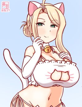 Rule 34 | 1girl, alternate costume, animal ears, artist logo, bell, blonde hair, blue background, blue eyes, blush, bra, breasts, cat cutout, cat ear panties, cat ears, cat lingerie, cleavage cutout, clothing cutout, commentary request, cowboy shot, dated, fake animal ears, frilled bra, frills, green eyes, hair bun, hairband, implied tail plug, jingle bell, kanon (kurogane knights), kantai collection, large breasts, logo, long hair, looking at viewer, navel, neck bell, one-hour drawing challenge, panties, smile, solo, underwear, wasp (kancolle)