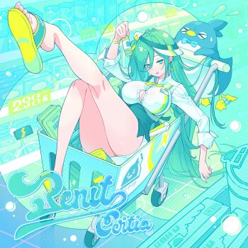 &gt;_&lt; 1girl :d album_cover apron bird blue_eyes bottle breasts button_gap cleavage cover earrings fake_cover flying_sweatdrops game_cg green_apron green_hair green_slippers highres holding holding_bottle in_shopping_cart jewelry large_breasts legs_up long_hair looking_at_viewer miniskirt mole mole_under_mouth non-web_source official_art open_mouth partially_unbuttoned pencil_skirt penguin portia_(stella_sora) pushing_cart sherlock_(stella_sora) shirt shopping_cart sideways_hat skirt sleeves_rolled_up slippers smile stella_sora three-quarter_sleeves triangle_earrings very_long_hair visor_cap white_shirt white_skirt