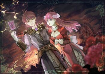 1boy 1girl absurdres adapted_costume back_bow belt black_thighhighs bow breasts brown_belt brown_eyes chinese_commentary cleavage coat commentary_request cowboy_shot cross cross_necklace dress dutch_angle fishnet_thighhighs fishnets flower garter_straps grey_coat hair_flower hair_ornament high_priest_(ragnarok_online) high_wizard_(ragnarok_online) highres jewelry juliet_sleeves long_hair long_sleeves looking_at_another looking_at_viewer medium_breasts necklace open_mouth orange_skirt pink_hair puffy_sleeves purple_eyes ragnarok_online red_dress red_flower red_rose rose short_hair skirt thighhighs white_bow white_flower yukio_(kiki7777777kiki)