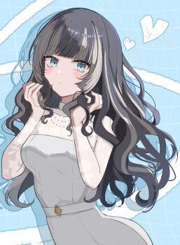 1girl absurdres black_hair blue_eyes blunt_bangs breasts commentary_request dress grey_hair hands_up highres holding holding_own_hair hololive hololive_dev_is juufuutei_raden lace_dress long_hair looking_at_viewer medium_breasts multicolored_hair shintakumin solo two-tone_hair virtual_youtuber wavy_hair white_dress
