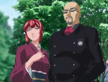 00s 1boy 1girl 2007 animated animated_gif anime_screenshot bald bible_black bible_black_new_testament breasts facial_hair formal_clothes goatee japanese_clothes kimono large_breasts mature_female purple_eyes red_hair shin_bible_black short_hair smile suit sunglasses tagme takashiro_hiroko tree yuge_toru yukata