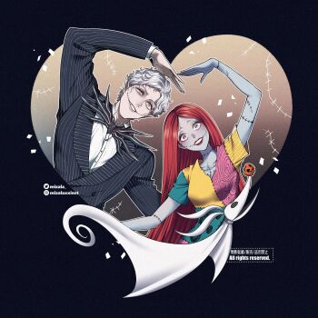 1boy 1girl colored_skin dress formal_clothes highres humanization jack_skellington long_hair long_sleeves mizala open_mouth patchwork_clothes patchwork_skin pinstripe_pattern pinstripe_suit pinstripe_vest red_hair sally_(nbc) smile stitched_arm stitched_face stitches striped_clothes striped_vest suit the_nightmare_before_christmas vertical-striped_clothes vertical-striped_vest vest