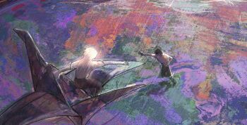 2boys abstract abstract_background black_hair black_pants colorful faux_traditional_media hj_hikari0606 ikari_shinji multiple_boys nagisa_kaworu neon_genesis_evangelion origami painterly pants paper_crane rainbow reaching reaching_towards_another shirt surreal white_hair white_shirt