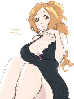 1girl bleach breasts cleavage inoue_orihime large_breasts long_hair orange_hair ponytail sekihan_(6kihan) solo