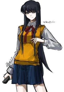1girl artist_request black_eyes black_hair breasts fighting_stance folding_knife genderswap genderswap_(mtf) highres holding holding_weapon knife long_hair looking_at_viewer melty_blood nanatsu-yoru nanaya_shiki red_ribbon ribbon school_uniform shirt signature skirt smirk smug source_request switchblade tsukihime vest weapon white_shirt yellow_vest