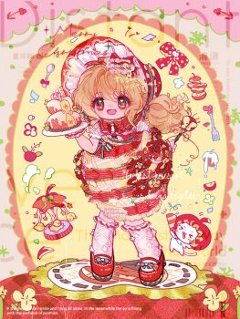 &gt;_&lt; absurdres alternate_costume animal apple apple_core apple_slice baby_animal bird black_bow blonde_hair bonnet bow bowtie bubble_skirt cake capelet carousel cat center_frills chick chinese_commentary clothed_animal commentary_request commission dot_nose dress eyelashes fadesir food food-themed_clothes food-themed_hair_ornament footwear_bow frilled_capelet frilled_dress frilled_headwear frilled_sleeves frilled_socks frilled_wrist_cuffs frills fruit gifty_(nikki) green_eyes grey_background hair_between_eyes hair_bow hair_intakes hair_ornament heart heart_in_eye highres holding holding_plate icing infinity_nikki kneehighs leaning_forward light_blush long_hair looking_at_viewer loose_hair_strand low_twintails mary_janes momo_(nikki) nikki_(series) open_mouth plate platform_shoes puffy_short_sleeves puffy_sleeves red_bonnet red_bow red_bowtie red_capelet red_dress red_shoes sample_watermark shoes short_sleeves skirt smile snowflakes socks spoon stage standing striped_bow sweet_memories_(infinity_nikki) symbol_in_eye tareme too_many_watermarks twintails two-tone_background two-tone_bow two-tone_dress waist_bow watermark wavy_hair white_bow white_cat white_sleeves white_socks white_wrist_cuffs wrist_cuffs yellow_background yellow_dress