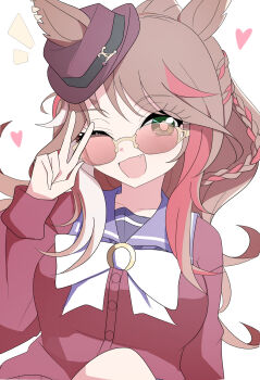 Rule 34 | 1girl, absurdres, animal ears, arnolddayo, blush, bow, bowtie, braid, breasts, brown hair, cardigan, commentary request, ears through headwear, fang, fedora, forever young (umamusume), green eyes, hat, heart, highres, horse ears, horse girl, large breasts, long hair, long sleeves, looking at viewer, multicolored hair, one eye closed, open mouth, purple sailor collar, purple shirt, red-tinted eyewear, red cardigan, red streaks, sailor collar, sailor shirt, school uniform, shirt, smile, solo, streaked hair, sunglasses, tinted eyewear, tracen school uniform, umamusume, v, white bow, white bowtie, white streaks