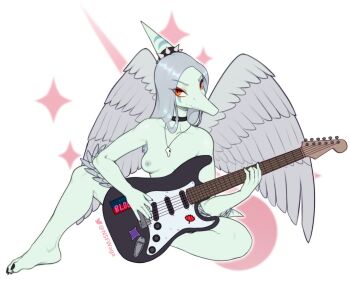 1girl breasts colored_skin commentary commission dinosaur_girl english_commentary fang_(goodbye_volcano_high) feathered_wings furry furry_female genderswap genderswap_(otf) goodbye_volcano_high green_skin grey_hair guitar highres holding holding_guitar holding_instrument instrument jewelry long_hair looking_at_viewer monster_girl necklace nipples nude orange_eyes pterosaur reptile_girl sitting slit_pupils small_breasts solo sparkle tail wagadraws wings