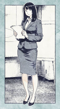 1girl commentary_request formal_clothes full_body greyscale high_heels highres holding jacket long_hair monochrome office office_lady original pencil_skirt shoes skirt solo standing suit velokisss