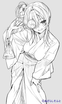 1girl amakano_2 blush breasts copyright_notice eyes_visible_through_hair fish flower goldfish grey_background greyscale grin hair_between_eyes hair_flower hair_ornament highres holding holding_magnifying_glass japanese_clothes jigokudani_sara kimono large_breasts leaning_forward leaning_to_the_side looking_at_viewer magnifying_glass mole mole_under_eye monochrome obi official_art piromizu sash simple_background smile solo standing teeth wide_sleeves