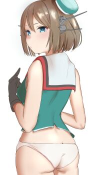 1girl ass bare_shoulders beret black_gloves blue_eyes blush breasts brown_hair butt_crack from_behind gloves hair_between_eyes hat headgear highres kantai_collection looking_back maya_(kancolle) maya_kai_ni_(kancolle) medium_breasts middle_finger mini_hat panties sailor_collar sakiecho short_hair simple_background sleeveless solo underwear white_background white_panties