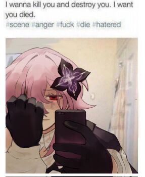 1girl black_flower black_gloves english_text evernight_(honkai:_star_rail) fake_screenshot flower frown gloves hair_between_eyes hair_flower hair_ornament hand_on_own_face hashtag highres holding holding_phone honkai:_star_rail honkai_(series) indoors karlmakuin long_hair march_7th_(honkai:_star_rail) meme mirror_selfie official_alternate_costume official_alternate_eye_color phone pink_hair red_eyes selfie shaded_face solo tweet twitter_screenshot upper_body