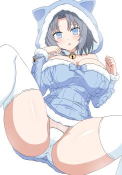 1girl :o absurdres animal_ears animal_hood ass azuresakura bare_shoulders bell black_cat blue_eyes blue_sweater blush breasts cameltoe cat cat_ears cat_hood cleavage convenient_censoring dress embarrassed grey_hair groin heart highres hood jingle_bell large_breasts looking_at_viewer neck_bell off-shoulder_dress off_shoulder panties parted_bangs partially_visible_vulva ribbed_sweater senran_kagura senran_kagura_shinovi_versus short_hair simple_background solo sweater sweater_dress thighhighs underwear whiskers white_background white_panties white_thighhighs yumi_(senran_kagura)