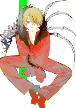 1boy blonde_hair blue_eyes bone fur-trimmed_hood fur_trim highres hood hood_down hooded_jacket jacket kenny_mccormick looking_at_viewer male_focus miyu_(shiyemiyu) orange_jacket orange_pants pants short_hair simple_background solo south_park spine white_background