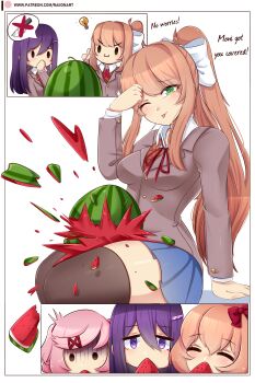 4girls absurdres breasts brown_hair doki_doki_literature_club doki_doki_literature_club_school_uniform eating food fruit green_eyes hair_ribbon highres holding holding_food holding_fruit holding_watermelon long_hair looking_at_viewer medium_breasts monika_(doki_doki_literature_club) multiple_girls natsuki_(doki_doki_literature_club) pink_hair purple_eyes purple_hair raion_(raionart) ribbon sayori_(doki_doki_literature_club) school_uniform short_hair skirt thick_thighs thighhighs thighs tongue tongue_out watermelon watermelon_slice yuri_(doki_doki_literature_club)