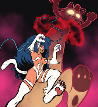 1girl animal_ears blue_hair breasts cat_ears cat_tail chakkrx crossover dark-skinned_female dark_skin darkstalkers dynamax fangs felicia_(darkstalkers) gen_1_pokemon gigantamax gigantamax_meowth highres large_breasts long_hair meowth nintendo pokemon standing standing_on_one_leg tail very_long_hair white_fur