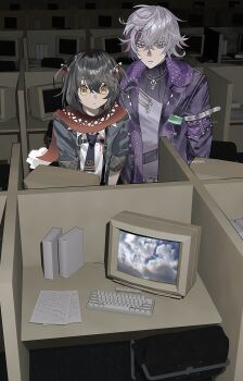 2boys absurdres backrooms_(creepypasta) black_hair black_jacket black_necktie chair closed_mouth commentary computer computer_keyboard fuwa_minato fuwa_minato_(1st_costume) hair_between_eyes highres jacket jewelry kome_non male_focus mashiro_meme mashiro_meme_(1st_costume) multicolored_hair multiple_boys necklace necktie nijisanji office open_clothes open_jacket purple_jacket red_scarf scarf short_hair streaked_hair two_side_up upper_body virtual_youtuber white_hair yellow_eyes