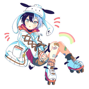 1boy :o aged_down animal_ears aoyagi_touya bandaid bandaid_on_knee bandaid_on_leg black_choker blue_hair brown_shorts cardigan child choker commentary_request dog_ears dog_tail fake_animal_ears grey_eyes hat highres hood hood_down korean_commentary long_sleeves looking_at_viewer male_focus mazi_(w_stm) mole mole_under_eye multicolored_hair notice_lines official_alternate_costume open_cardigan open_clothes pocket project_sekai roller_skates short_hair shorts skates socks solo split-color_hair tail two-tone_hair white_hat