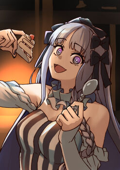 1girl aki_shiki bare_shoulders black_bow blush bow braid breasts cake collar colored_inner_hair detached_sleeves dress fate/strange_fake fate_(series) food francesca_prelati_(fate) frilled_collar frills grey_hair hair_bow highres large_breasts long_hair looking_at_viewer multicolored_hair open_mouth parted_bangs purple_eyes ringed_eyes sidelocks smile solo spoon striped_clothes striped_dress very_long_hair white_dress