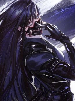 1girl absurdres adjusting_mask arm_belt black_coat black_gloves black_hair blue_background blue_eyes coat earrings face_piercing from_side gloves heibai_bangbing highres jewelry leather_coat long_hair looking_at_viewer looking_to_the_side mask mouth_mask ninja_mask nose_piercing nose_ring path_to_nowhere piercing rahu_(path_to_nowhere) signature solo straight_hair upper_body very_long_hair