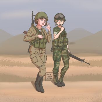 2girls ak-74 aks-74 ammunition_pouch artist_name assault_rifle black_footwear blonde_hair blue_eyes blue_shirt boots brown_footwear brown_hair brown_pants brown_shirt camouflage camouflage_pants camouflage_shirt canteen cargo_pants chest_rig chinstrap cold_war collared_shirt combat_boots combat_helmet commentary day english_commentary fog folding_stock full_body goggles goggles_on_headwear green_headwear green_pants green_shirt grey_sky gun gun_sling hand_up handle helmet highres holding holding_gun holding_weapon kalashnikov_rifle lace-up_boots load_bearing_equipment long_sleeves looking_at_another looking_to_the_side m16 m16a2 military military_fatigues military_uniform mixed-language_commentary mountainous_horizon multicolored_pants multicolored_shirt multiple_girls nose open_mouth original outdoors pants pocket pouch puto_trash rifle sand shirt short_hair short_sleeves sky sleeves_rolled_up soldier soviet soviet_army square ssh-68_combat_helmet standing striped_clothes striped_shirt talking teeth telnyashka two-tone_shirt undershirt united_states united_states_army upper_teeth_only vdv weapon weapon_on_back white_shirt woodland_camouflage