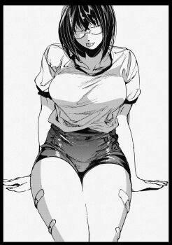 1girl :p bandaid_on_thigh bob_cut breasts buruma glasses greyscale hachinuki_tessei hand_on_own_leg highres jimiko jitome large_breasts mob_face moire monochrome multiple_girls original round_eyewear she_(hachinuki_tetsuyo) short_hair simple_background solo tongue tongue_out white_background