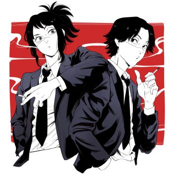 Rule 34 | 1boy, 1girl, black hair, black jacket, black necktie, chainsaw man, cigarette, cropped torso, high ponytail, highres, holding, holding cigarette, jacket, kurose yuutarou, medium hair, monochrome, necktie, ponytail, sailor collar, scar, scar on face, shirt, short hair, simple background, smoking, spot color, ten ten 10 10, tendou michiko, white background, white shirt