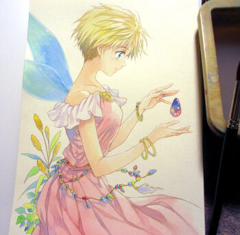 1girl agahari art_brush art_tools_in_frame bare_shoulders blonde_hair blue_eyes bracelet closed_mouth commentary_request cowboy_shot dress fairy fairy_wings fana_(gdleen) floating floating_object from_side gdleen gold_bracelet jewelry long_dress looking_at_object multiple_bracelets off-shoulder_dress off_shoulder paintbrush painting_(medium) photo_(medium) pink_dress plant ring short_hair smile solo standing traditional_media wings