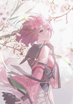 Rule 34 | 1girl, absurdres, animal ears, blue eyes, blush, breasts, cherry blossoms, commentary request, detached sleeves, flower, hair between eyes, hair flaps, hair flower, hair ornament, highres, horse ears, horse girl, horse tail, looking at viewer, medium breasts, medium hair, open mouth, petals, sakura chiyono o (hinoshita kaisan hana akari) (umamusume), sakura chiyono o (umamusume), solo, tail, twitter username, umamusume, yogukasu