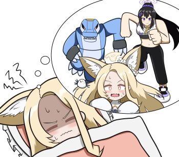 2girls bed_sheet blonde_hair blue_archive chasing dreaming fox_girl halo highres meme midriff multiple_girls navel nightmare non-humanoid_robot on_bed orange_eyes ponytail purple_eyes quality robot robot_animal running running_ganger_(meme) scared seia_(blue_archive) shaded_face sleeping solo_focus sumire_(blue_archive) tatsu_(hukkatsu)