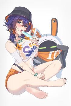 1girl 1other absurdres bandana bandana_around_neck bangboo_(zenless_zone_zero) bare_legs barefoot belle_(summer_skies)_(zenless_zone_zero) belle_(zenless_zone_zero) bikini bikini_bottom_under_shorts bikini_top_under_shirt bikini_under_clothes black_nails blush bracelet bucket_hat crossed_legs eous_(zenless_zone_zero) fish_hat flower food green_eyes hair_ornament hand_on_own_leg hat highres ice_cream jewelry jishui3q letter_hair_ornament licking looking_at_viewer navel necklace official_alternate_costume orange_bandana orange_bikini orange_shorts popsicle saliva see-through_clothes see-through_shirt shirt shorts sitting sphere_hair_ornament swimsuit teeth tied_shirt tongue tongue_out white_background zenless_zone_zero