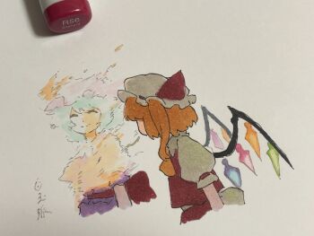 2girls ^_^ art_tools_in_frame ascot blonde_hair closed_eyes commentary cropped_torso disintegration flandre_scarlet hat highres long_hair marker_(medium) mob_cap multiple_girls pink_hat pink_skirt puffy_short_sleeves puffy_sleeves red_vest remilia_scarlet shiratama_(hockey) shirt short_hair short_sleeves siblings sisters skirt smile sunlight symbol-only_commentary touhou traditional_media upper_body vampire vest white_hat white_shirt wings yellow_ascot