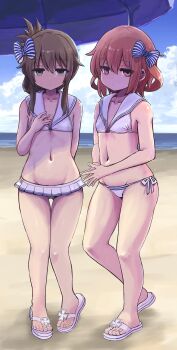 2girls bare_arms bare_legs bare_shoulders beach bikini blush brown_eyes brown_hair closed_mouth commentary cosplay day english_commentary flip-flops folded_ponytail groin hair_between_eyes highres ikazuchi_(kancolle) inazuma_(kancolle) kantai_collection long_hair looking_at_viewer multiple_girls navel ocean open_mouth outdoors sailor_collar sandals short_hair swimsuit toes unagiman white_bikini white_sailor_collar z1_leberecht_maass_(kancolle) z1_leberecht_maass_(kancolle)_(cosplay) z1_leberecht_maass_(swimsuit)_(kancolle) z3_max_schultz_(kancolle) z3_max_schultz_(kancolle)_(cosplay) z3_max_schultz_(swimsuit)_(kancolle)