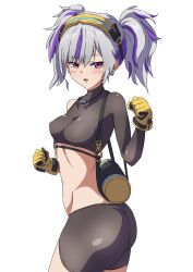 Rule 34 | 1girl, ass, blush, breasts, brown shirt, brown shorts, crop top, drilley (nikke), earrings, from side, gloves, goddess of victory: nikke, grey hair, jewelry, medium breasts, midriff, multicolored hair, navel, purple eyes, purple hair, sankakukin gear, shirt, short twintails, shorts, simple background, single sleeve, solo, streaked hair, twintails, two-tone hair, white background, yellow gloves