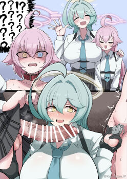 1girl 2futa ? age_difference ahoge aqua_hair bar_censor black_gloves black_skirt blue_archive blue_eyes blue_necktie blush breasts censored chastity_cage chest_harness clone_harem closed_eyes clothes_lift collar collared_shirt dual_persona erection fdd_threesome flat_chastity_cage futa_with_female futanari gloves hair_between_eyes halo hand_on_another&#039;s_shoulder hand_up harness heterochromia highres hoshino_(blue_archive) hoshino_(first_year)_(blue_archive) kumasan_(kumazonjp) large_breasts large_penis lifting_own_clothes long_hair long_sleeves multiple_futa necktie onee-loli open_mouth penis penis_size_difference pink_hair pink_halo shirt shirt_tucked_in skirt skirt_lift small_chastity_cage smile spoken_question_mark sweat testicle_grab testicles textless_version threesome time_paradox trembling white_shirt yellow_eyes yellow_halo yume_(blue_archive)