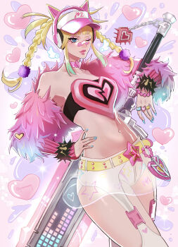 1girl absurdres animal_ear_headphones animal_ears bandaid bandaid_on_face bandaid_on_nose bandeau bead_bracelet beads black_bandeau blue_eyes blue_nails blunt_bangs bracelet braid broken_heart cat_ear_headphones cat_ears character_logo choker cowboy_shot fake_animal_ears fur_jacket hair_ornament headphones heart heart_background highres jacket jewelry magik_(new_millenia_might)_(x-men) magik_(x-men) marvel marvel_rivals multiple_rings navel_piercing one_eye_closed pannaaq piercing pink_arm_warmers pink_choker pink_lips pink_visor pom_pom_(clothes) pom_pom_hair_ornament ring see-through_clothes see-through_skirt single_bare_shoulder skirt solo star-shaped_buckle sword twin_braids weapon y2k_fashion