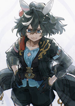 1girl absurdres animal_ears black_coat black_gloves black_shorts blue_eyes blue_shirt closed_mouth coat collarbone commentary_request crossed_bangs gloves hands_on_own_hips highres horse_ears horse_girl horse_tail katsuragi_ace_(umamusume) ponytail shirt shorts solo tail umamusume umeboitarou