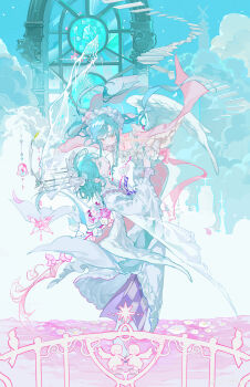 2girls absurdres angel aqua_hair arch bird birdcage blue_dress blue_sky bow bug butterfly cage closed_eyes closed_mouth cloud colored_eyelashes cross daisy_(flower) diamond_(shape) dress dress_bow eyelashes floating floating_stairs flower frilled_dress frills full_body hand_up headdress highres imminent_hand_holding insect light_particles long_hair long_sleeves looking_at_another multiple_girls original pink_dress railing rose sample_watermark short_hair sidelocks sky stained_glass stairs star_(symbol) watermark white_bow white_flower white_rose x_(symbol) yuri zhi_xu_li_ming