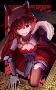 1girl absurdres animal_ears aura breasts brown_hair chest_jewel cleavage climbing commentary criss-cross_halter dark_aura denryoku_saboten detached_sleeves fourth_wall halterneck highres horse_ears horse_girl looking_at_viewer on_one_knee open_mouth picture_frame reaching reaching_towards_viewer red_eyes shaded_face simple_background small_breasts smile solo still_in_love_(scarlet_vow_raiment)_(umamusume) still_in_love_(umamusume) umamusume veil yandere