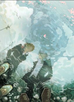 2boys black_jacket brown_hair brown_shoes cloud cloudy_sky commentary_request green_rar grey_hair hanamura_yousuke headphones headphones_around_neck jacket long_sleeves male_focus multiple_boys narukami_yu open_clothes open_jacket outdoors persona persona_4 power_lines reflection reflective_liquid ripples school_uniform shirt shoes short_hair sky standing suit_jacket utility_pole white_shirt white_shoes yasogami_school_uniform