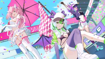 Rule 34 | 1girl, absurdres, apricot the lich, apricot the lich (race queen), bikini, black bikini, black tube top, blue eyes, blue sky, breasts, checkered clothes, checkered flag, checkered shorts, cleavage, closed mouth, confetti, demon girl, demon horns, demon wings, elbow gloves, flag, gloves, green eyes, green hair, grey hair, hair ornament, hat, heart, heart hair ornament, highres, holding, holding flag, horns, horns through headwear, ironmouse, ironmouse (race queen), jacket, large breasts, long hair, looking at viewer, looking down, melody (projektmelody), melody (projektmelody) (race queen), mozzu123, multicolored hair, multiple horns, open mouth, panty straps, parasol, pink hair, pointy ears, ponytail, purple eyes, purple gloves, purple hair, purple horns, purple thighhighs, race flag, race queen, shoes, short hair, short hair with long locks, shorts, shrug (clothing), sidelocks, single thighhigh, sitting, skirt, sky, smile, standing, strapless, streaked hair, swimsuit, thighhighs, thighs, tube top, twintails, twitch logo, umbrella, virtual youtuber, vshojo, waving, white gloves, white hat, white horns, white shoes, white shorts, white shrug, white skirt, white thighhighs, white tube top, wings
