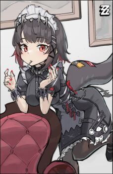 1girl belt black_dress black_hair black_pantyhose black_shoes breasts brown_pantyhose closed_mouth colored_inner_hair commentary dress earclip ellen_joe fins fish_tail frilled_wristband full_body hairband hand_on_own_hip holding holding_weapon large_breasts looking_at_viewer maid maid_headdress mary_janes metal_hairband mole mole_on_arm mole_under_eye multicolored_hair pantyhose patterned_legwear razor_blade_hair_ornament red_eyes red_nails scar scar_on_tail shark_girl shark_tail shoes short_hair simple_background solo spiked_headband sugiru symbol-only_commentary tail weapon white_background zenless_zone_zero