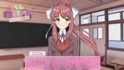1boy 1girl ahegao animated bed_sheet black_thighhighs bottomless bouncing_breasts bow bow_bra bra bra_lift breasts brown_hair classroom clothes_lift commentary dialogue_box doki_doki_literature_club english_commentary english_text finger_in_own_mouth forced_smile gameplay_mechanics glitch green_eyes hair_bow hair_ribbon hetero highres indoors interior jellymation large_breasts logo_parody long_hair long_sleeves lying meta missionary monika_(doki_doki_literature_club) naughty_face navel nipples no_panties on_back paid_reward_available penis pink_bra ponytail ribbon ruby_red_(voice_actor) sayori_(doki_doki_literature_club) sex solo_focus sound spread_legs thighhighs tongue tongue_out uncensored underwear vaginal video white_bow white_ribbon