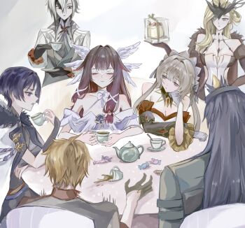 3boys 4girls aiguillette arlecchino_(genshin_impact) arm_rest armor asymmetrical_bangs bangs_pinned_back black_bra black_collar black_eyes black_gloves black_hair black_hands black_mask black_shirt black_sleeves blonde_hair blue_eyes blunt_bangs bow bowtie bra breasts brown_hair cake candy candy_wrapper capitano_(genshin_impact) center-flap_bangs choker cleavage closed_eyes closed_mouth clothing_cutout coat coat_on_shoulders collar collarbone colored_extremities columbina_(genshin_impact) cup detached_collar detached_sleeves dress elbow_gloves elbow_rest eye_mask eyelashes eyes_visible_through_eyewear facing_viewer fatui_coat feathered_wings food frilled_sleeves frills from_behind fur-trimmed_coat fur_collar fur_trim genshin_impact gloves grey_shirt grey_vest hair_between_eyes hair_intakes hair_ornament hair_ribbon half_eye_mask half_gloves half_mask hand_on_own_cheek hand_on_own_face hand_on_own_hip hashtag-only_commentary head_rest head_wings highres holding holding_cup japanese_armor kettle kote kurokote lapels long_hair long_sidelocks mandarin_collar mask multicolored_hair multiple_boys multiple_girls multiple_wings off-shoulder_dress off_shoulder open_clothes open_coat orange_hair plate purple_hair purple_rope purple_sash red_hair red_sash renyupa ribbon rope sandrone_(genshin_impact) sash scaramouche_(genshin_impact) shimenawa shirt short_hair short_hair_with_long_locks side_cutout sidelocks signora_(genshin_impact) sitting smile spaghetti_strap spilling standing strapless strapless_dress strawberry_shortcake streaked_hair symbol-shaped_pupils table tartaglia_(genshin_impact) tea_party teacup tress_ribbon twitching underwear vest white_bow white_bowtie white_choker white_coat white_dress white_gloves white_hair white_headdress white_mask white_ribbon white_rope white_sleeves white_wings wing_hair_ornament wings x-shaped_pupils