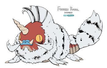 1other blue_lips body_fur claws closed_mouth commentary coolstickarts facial_hair fakemon fangs fins gen_1_pokemon highres horns lying mohawk mustache nintendo no_humans on_stomach pokemon pokemon_(creature) redesign seaking simple_background single_horn slit_pupils solo tail white_background white_fur yellow_eyes