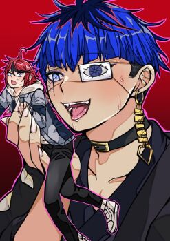 2boys antenna_hair bag black_collar black_hair black_pants black_streaks blue_eyes blue_hair collar commentary earrings face_piercing fingernails giant gradient_background grey_jacket haori highres hood hoodie jacket jacket_over_hoodie japanese_clothes jewelry looking_at_another makeup male_focus miyako_case01 multicolored_hair multiple_boys omokage_yugamu open_mouth pants piercing print_eyepatch red_bag sharp_fingernails sharp_teeth shoes streaked_hair sumino_takumi sweat teeth the_hundred_line_-last_defense_academy- tongue tongue_out untranslatable_commentary white_hoodie white_shoes yaoi